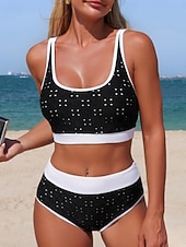 رخيصةأون أطقم البيكيني-نسائي ملابس السباحة بيكيني 2 قطعة عالي الخصر ملابس السباحة ضعيف بدون ظهر العطلة ملابس الشاطئ لون الصلبة منقط رقبة سكوب بدون كم بدلة سباحة