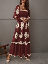 abordables Vestido Boho de Vacaciones-Mujer Vestido maxi Vestido de una línea Vestido de flores Elegante Moda Moderno Exterior Vacaciones Fiesta Ajuste regular Floral Manga Larga Escote Cuadrado Negro Burdeos Marrón Albaricoque Primavera