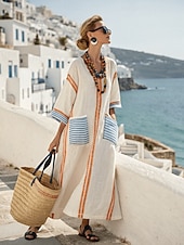  Naisten Maxi Mekko Pellavamaista Hengittävää Kevyet Aurinkomekko A-linjainen Mekko Lomamatka Vapaa-ajan Boho Ranta Ulkoiluksi Kukka Graafinen Geometrinen Pitkä Hiha V Kaula Blue Punainen Taivaan