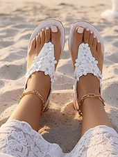 economico sposa-sandali da sposa da spiaggia con fiori bianchi da donna - infradito basse per la festa nuziale con dettagli floreali, comode scarpe da damigella per matrimoni estivi all'aperto