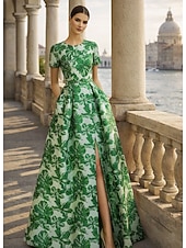  גזרת A עד הריצפה שמלות ערב שמלת נשף אלגנטית וינטאג' פרחוני שרוולים קצרים צווארון עגול קצר מסיבת חצר חתונה כיס ג'אקרד גב בדוגמת דרפה עם שסע כיס