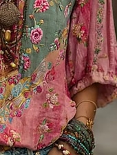 billiga Boho-toppar-Dam Skjorta Linneskjortor i bomull Boho skjorta Blus Lappverk Mönster Blommig Grafisk bohemliv Stylish Etnisk Halvlång ärm V-hals Vanliga toppar Dagligen Helgdag Utekväll Rubinrött Sommar Vår