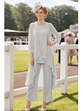 voordelige Broekpakken van mama-3-delig pak Tot de grond Moeder van de bruid jurk Mouwloos Nek boot Elegant Grote maten Bruiloft gast Chiffon Wrap inbegrepen met Effen kleur