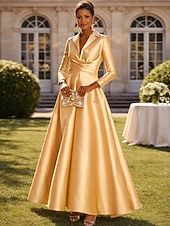 economico Lunghezza del pavimento-Linea ad A Lunghezza al pavimento Abito da invitata a nozze Abito Formale Abito svasato Abito da cerimonia per signora Manica Lunga Colletto a Camicia Elegante Formale Ospite di nozze Raso con