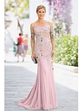 cheap Floor Length-Mermaid Trumpet Floor Length Cocktail Dress Wedding Guest Dress Mother of the Bride Dress Half Sleeve Off Shoulder Elegant Simple Casual Formal Chiffon Lace with Pleats Embroidery Appliques