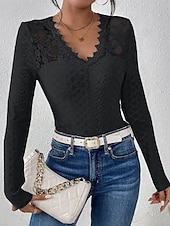 billiga Enkel t-shirt-Dam Spets Splicing Top Spets Ögla Ensfärgat Elegant Mode Sexig Långärmad V-hals Vanliga toppar Dagligen Utekväll Helgen Blå Svart Vit Höst Vinter