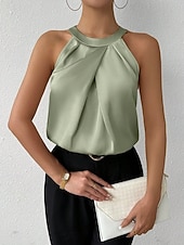 tanie Zwykły zbiornik-Damskie Elegancki Top satynowy Satynowa koszula Koszula obozowa Z marszczeniami Jednokolorowe Elegancki Podstawowy Codzienny Bez rękawów Kantarka Zwykłe topy Codzienny Święto Wyjściowe Czarny Biały