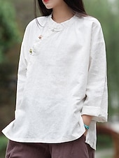 economico Collezione di Lino Premium-Camicia da donna a maniche lunghe con colletto alla coreana in lino biologico