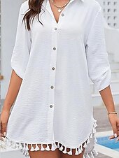 お買い得  ビーチドレス-女性用 ミニドレス 白いドレス ビーチドレス 黒いドレス シャツドレス エレガント ファッション クラシック 日常 アウトドア ビーチ ルーズフィット 平織り 七分袖 シャツカラー ブラック ホワイト 夏 春