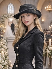 economico Matrimonio ACC-cappello in feltro di lana da donna, disponibile nei colori bianco e nero, stile elegante con decorazione a bottone dorato, perfetto per matrimoni e banchetti