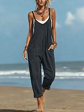 お買い得  バケーションジャンプスーツ-女性用 標準 ジャンプスーツ 活発的 純色 ノースリーブ Ｖネック ポケット 日常 ビーチ ルーズフィット ブラック ワイン パープル 夏