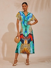 abordables vestido casual estampado-Vestido largo elegante y sedoso para fiesta en la jungla salvaje