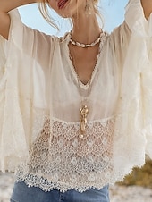 abordables Tops de Encaje-Mujer Blusa Encaje Color sólido Elegante Casual Manga 3/4 Escote en Pico Tops regulares Diario Blanco Verano Primavera Otoño