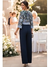 preiswerte Overalls für Mütter-Overalls Bodenlang Perlenbestickt Abendkleid Kleid der Brautmutter Brautmutterkleid Langarm Rundhalsausschnitt Elegant Einfach Minimalistisch Formell Hochzeitsgast mit Schärpe / Band