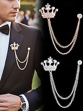 levne Svatba ACC-Pánská klopová brože s korunkou a řetízkem, materiál slitina, dostupné ve zlaté a stříbrné barvě, ideální pro svatby a večírky