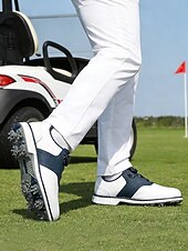 baratos Sapatos de Golfe Masculinos-Sapatos de golfe masculinos brancos, construção leve e respirável, sola com aderência estável, estilo esportivo e elegante para campos de golfe e atividades ao ar livre.