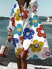 ieftine rochie florală-Pentru femei Rochii Midi Rochii Tip Cămașă Rochie casual Rochie de vară Elegant Vacanță Tropical Plajă Potrivire Largă Floral Manșon Lung Guler Cămașă Albastru piscină Negru Alb Vară Primăvară