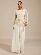 cheap Lace Tops-Women's Blouse Lace Tops Sequins Illusion Solid Color Elegant 3/4 Length Sleeve Bell Sleeve Crew Neck Daily Wedding Guest Vacation Wear Beige Summer Spring Fall