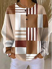 preiswerte Strukturierte Kapuzenpullover-Damen Pullover Sweatshirt Knöpfe Grafik Geometrisch Mode Lässig Druck Langarm Rundhalsausschnitt Normale Oberteile Lässig Heim Arbeit Schwarz Rosa Orange Kaki Frühling Herbst