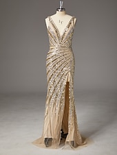 お買い得  シースイブニングドレス-タイト／コラム スイープ／ブラシトレーン フロア丈 ウェディングゲストドレス フォーマルドレス イブニングガウン イブニングドレス エレガント きらびやかな セレブスタイル ノースリーブ Ｖネック パーティー 結婚式 バックレス ととも​​に グリッター素材 スパンコール スリット