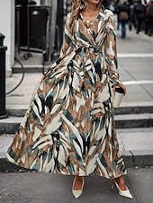 cheap Casual Floral Dresses-Women's Long Dress Maxi Dress A Line Dress Floral Dress Elegant Fashion Modern Daily Outdoor Vacation Regular Fit Floral Long Sleeve V Neck Red Brown Spring Fall