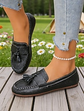 cheap Women's Slip-Ons &amp; Loafers-Women's White Tassel Moccasins Loafers – Soft Faux Leather Slip-On Shoes for Work, Weekend Wear, Travel &amp; Smart Casual Looks