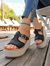 tanie Sandały na koturnie-damskie białe sandały na koturnie z paskiem ze sprzączką – stylowe i wygodne obuwie na lato, plażę i imprezy przy basenie