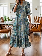 cheap Vacation Boho Dress-Women's Midi Dress Floral Dress Print Dress Fashion Modern Outdoor Vacation Going out Loose Fit Floral Half Sleeve V Neck Teal Red Purple Summer Spring