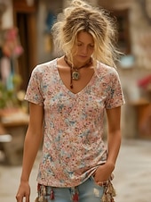 cheap Boho tee-Women's Boho Shirt T Shirt Print Floral Graphic Bohemia Vintage Casual Short Sleeve V Neck Long Tops Daily Pink Sky Blue Khaki Summer Spring