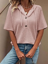 billige Enkle bluser-Dame Skjorte Bluse Lapper Knapper عادي Elegant Stilfull Klassisk Kortermet Med hette Vanlige topper Daglig Ferie Ut på byen Svart Hvit Rosa Rød Navyblå Sommer Vår
