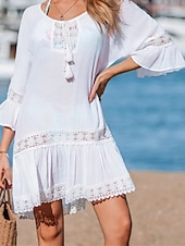 cheap Beach Dresses-Women's Mini Dress White Dress Beach Dress Cover Up Elegant Fashion Classic Flare Cuff Sleeve Daily Outdoor Beach Loose Fit Plain Half Sleeve Crew Neck White Summer Spring