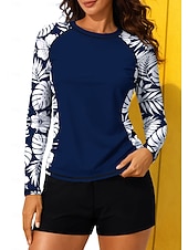 voordelige Surf Tankini's en Bikinis-Dames Normaal Rashguard-badpak Uitslagbescherming Zwempak met bloemenprint Flora Tropisch Kleurblokkering 2-stuks Verwijderbare vulling boyleg UV-zonbescherming UPF50+ Elastisch Lange mouw