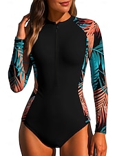 preiswerte One Pieces Rash Guards-Damen Rash Guard Tauchanzug Anti UV Shirt Badeanzug Blumenmuster Tropisch Reißverschluss UPF50+ Schnelltrocknend Leicht Langarm T-Shirt zum Schwimmen Surfen Strand Wassersport Sommer