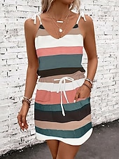 economico Abiti a Strisce e Geometrici-Per donna Mini Abito Tubino Abito Estivo Abito Sottoveste Casual Quotidiano Vestibilità regolare A righe Senza Maniche Scollo a V Blu Rosso Blu reale Viola Estate