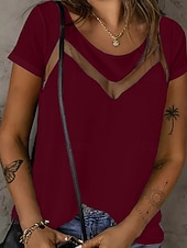 abordables Camiseta lisa-Mujer Camiseta Camiseta superior Encaje Plano Moda Elegante Clásico Manga Corta Cuello Barco Tops regulares Diario Noche Fin de semana Azul Piscina Negro Blanco Rojo Verano Primavera