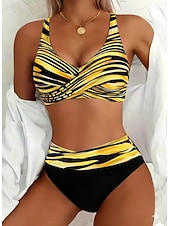 economico Bikini-Costume da bagno da donna bikini a 2 pezzi con vita alta moda vacanziera grafica a righe collo V costumi da bagno senza maniche