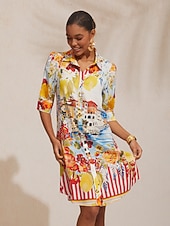 Недорогие Платья для отпуска-Платье-рубашка прямого кроя из атласа с цветочным принтом для отдыха