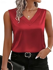 preiswerte Schicke Blusen-Damen Elegant Satin-Top T Shirt Seiden-Oberteile Patchwork Einfarbig Elegant Vintage Mode Ärmellos V Ausschnitt Normale Oberteile Täglich Ausgehen Wochenende Blau Silber Weiß Rote Purpur Sommer