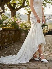 cheap Bride-Women's Ivory Lace Bridal Shoes, Low Heel Pointed Toe Wedding Flats with Ankle Strap, Elegant Comfortable Wedding Party Shoes