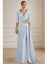 abordables Vestidos de gala-Vestido de Noche A-Line Azul Negro Elegante Vestido Formal de Boda Largo de Piso de Manga Media con Solapa de Saten Elástico y Pliegues