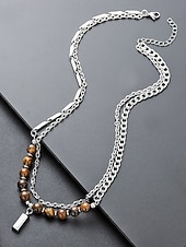 Недорогие Мужские украшения-Мужское ожерелье из сплава и бусин тигрового глаза, двухслойная цепочка с подвеской, повседневный стиль бохо, прочное и стильное, идеально подходит для отдыха, курортной одежды и повседневной носки.