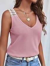 ieftine Rezervor simplu-Pentru femei Tricou Bluză Tee Top Dantelă Culoare solidă Grafic Simplu Modă Clasic Casual Fără manșon În V Topuri obișnuite Zilnic Ieșire Sfârșit de săptămână Negru Roz Îmbujorat Roșu-aprins Kaki Gri
