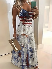  Ziua Independenței Rochie Maxi Purtătoare de Drepturi Femei Patriotic Rochie A-Line Rochie Slip Vacanță Casual Ieșire Ajustare Regulată Grafic Steag Fără Mâneci Guler în V Bretele Spaghetti Albastru