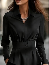billiga Enkla blusar-Women's Dress Shirt Blouse Solid Color Elegant Stylish Basic Long Sleeve Turndown Regular Tops Daily Outdoor Work Blue Black White Brown Summer Spring Fall Winter