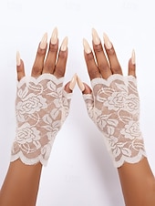 baratos Casamento ACC-Luvas femininas de renda, confeccionadas em renda de poliéster, disponíveis em diversas cores, perfeitas para casamentos, festas e ocasiões especiais.