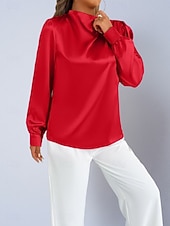 voordelige Chique Blouses-Dames Overhemd Satijnen overhemd Normaal shirt Met ruches Effen Stijlvol Basic Klassiek Lange mouw Hoge nek Normale tops Dagelijks Feestdagen Uitgaan Zwart Wit Wijn Rood Lente Herfst