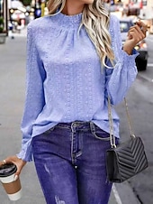 abordables Blouses Unies-Femmes Chemise popover Chemise Décontractée Chemisier Œillet Couleur Unie Élégant Basique Occasionnel manche longue Col montant Hauts Réguliers Quotidien Extérieur Fête Bleu Violet Vert Abricot