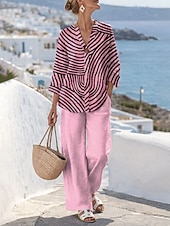 abordables Trajes de blusa para mujer-Mujer Conjuntos de dos piezas Conjuntos de pantalones Bolero Manga 3/4 Escote en Pico Graphic Geométrico Estampado Diario Elegante Casual Diario Playa Rosa Azul Piscina Verde Trébol Primavera verano
