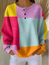 preiswerte Streifen- und geometrische Kapuzenpullover-Damen Kapuzenshirts Knöpfe Grafik Geometrisch Farbblock Mode Lässig Druck Langarm Rundhalsausschnitt Rundhals Normale Oberteile Lässig Straße Blau Rosa Orange Grün Sommer Frühling Herbst