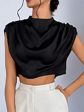 preiswerte Schicke Blusen-Damen Hemd Satinhemd Bluse Wickel-Crop-Top Gerafft Einfach Vintage Stilvoll Klassisch Kurzarm Hoher Ausschnitt Crop Tops Täglich Ferien Ausgehen Schwarz Weiß Marineblau Braun Grün Frühling Herbst